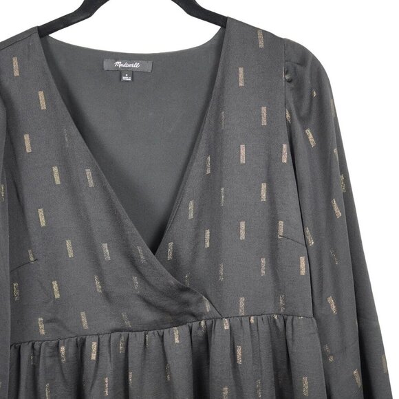 EUC Madewell Black Metallic Jacquard Faux-Wrap Tiered Mini Dress Small - Picture 10 of 12